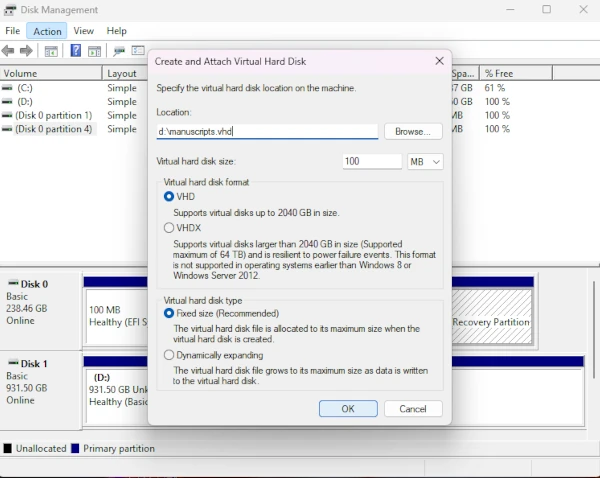 Creating VHD in Disk Management